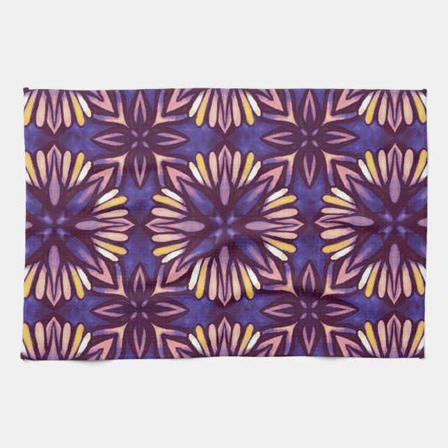 Linge De Cuisine Boho Blossom : Motif Floral Artistique Violet (Horizontal)