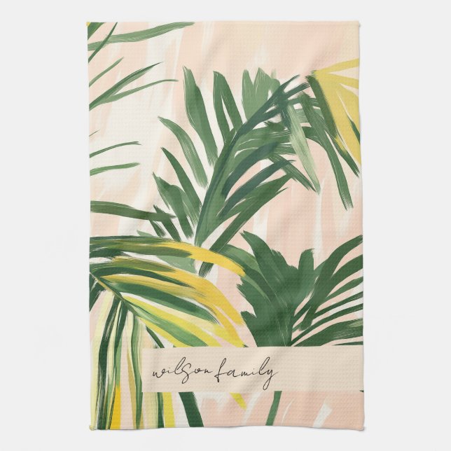Linge De Cuisine Boho Blush Green Tropical Palm Plage Feuille (Vertical)