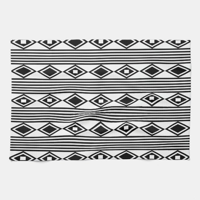 Linge De Cuisine Boho Diamonds Grandes Blancs Noirs (Horizontal)