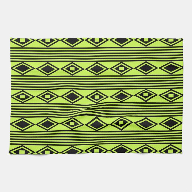 Linge De Cuisine Boho Diamonds Stripes Black Chartreuse (Horizontal)