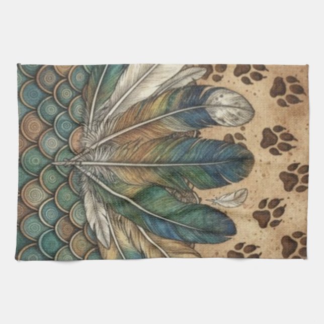Linge De Cuisine Boho Feather & Empreintes de Patte Imprimés Animal (Horizontal)