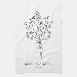 Linge De Cuisine Boho Flower Line Art Dessin Mariage personnalisé