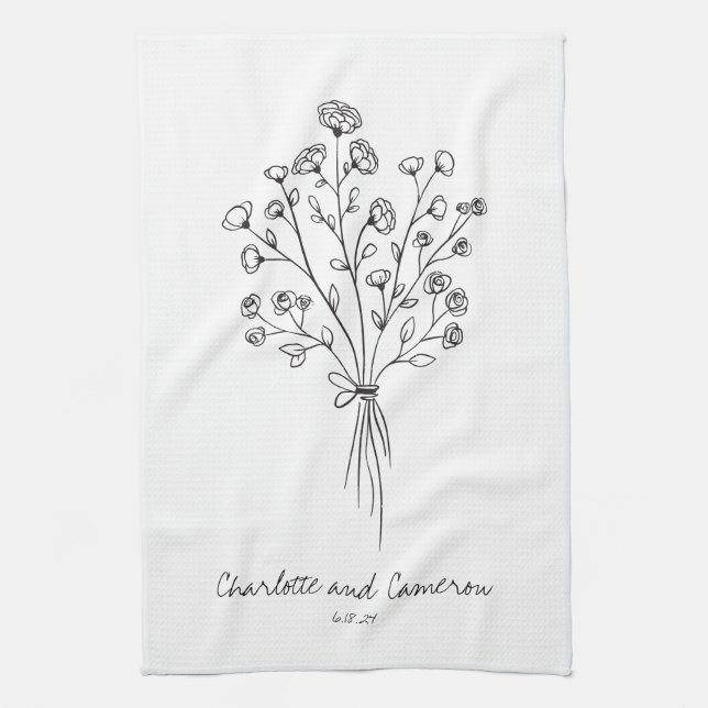 Linge De Cuisine Boho Flower Line Art Dessin Mariage personnalisé  (Vertical)