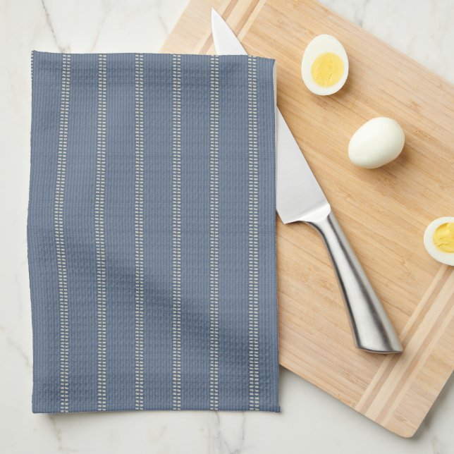 Linge De Cuisine Boho géo lignes simples beige denim bleu rustique (Quart Plié)