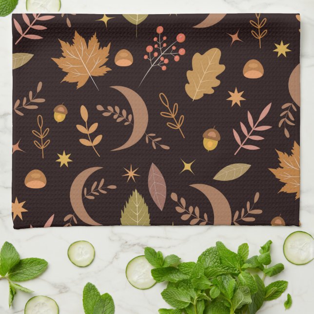 Linge De Cuisine Boho Moon avec feuilles d'automne motif (Plié)