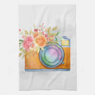 Linge De Cuisine Boho Orange Caméra & Bouquet Floral Aquarelle