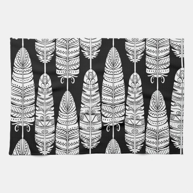 Linge De Cuisine Boho plumes : motif noir et blanc (Horizontal)