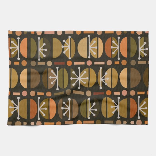 Linge De Cuisine Boho Retro Bowls Lignes Tons Terre Noire (Horizontal)