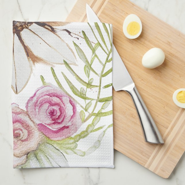 Linge De Cuisine Boho Rose Vert Brown Blanc Floral tendance (Quart Plié)