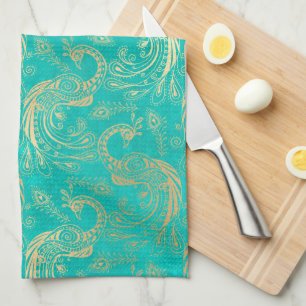 Linge De Cuisine Boho turquoise et or élégant motif paon