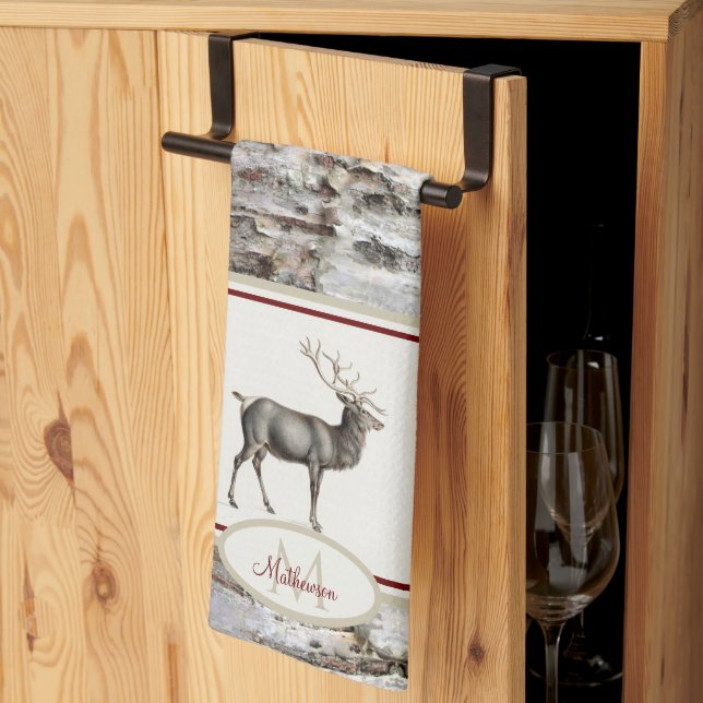 Linge De Cuisine Bois rustique Elk / Reindeer Famille Monogramme ta (Pliage en tiers)