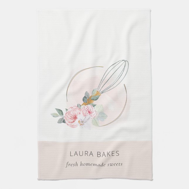 Linge De Cuisine Bois Whisk Blush Aquarelle Floral Chef Logo (Vertical)