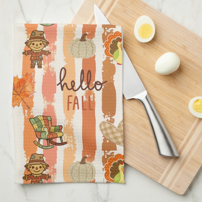 Linge De Cuisine Bonjour Automne Patchwork Rustique Feuilles Orange (Quart Plié)