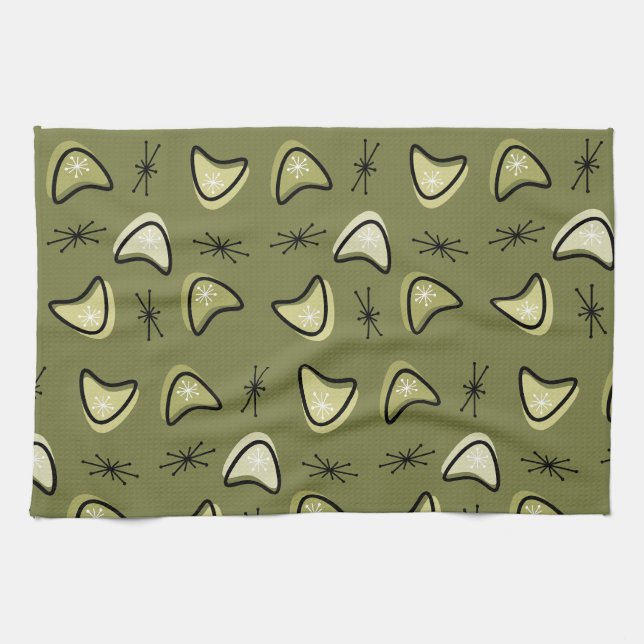 Linge De Cuisine Boomerangs atomiques Starbursts Olive Green (Horizontal)