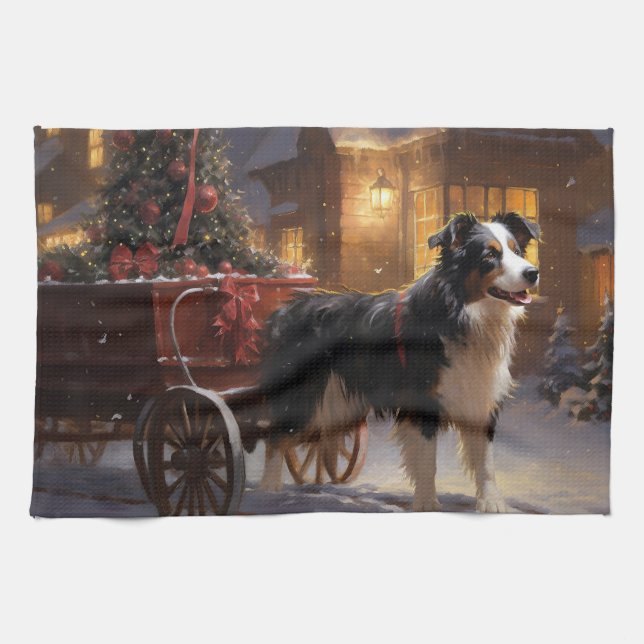 Linge De Cuisine Border Collie Noël Saison Festive (Horizontal)