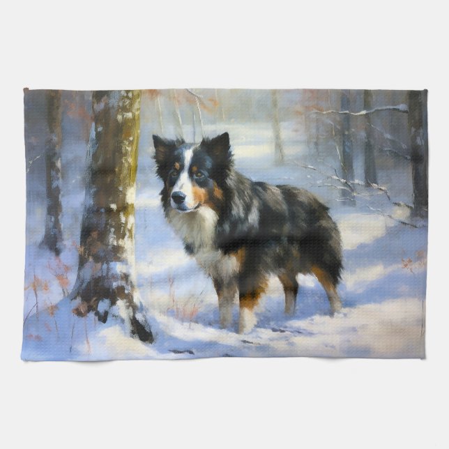 Linge De Cuisine Border Collie Qu'il neige Noël (Horizontal)