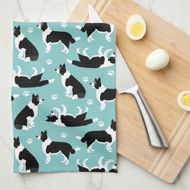 Linge De Cuisine Bordure Collie et Empreinte de patte (Quart Plié)