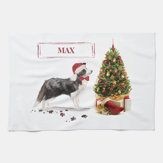 Linge De Cuisine Bordure Collie Funny Chien de Noël avec arbre (Horizontal)