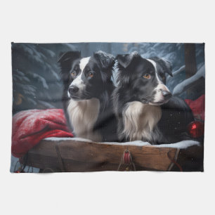 Linge De Cuisine Bordure Collie Snowy Sleigh Décor de Noël
