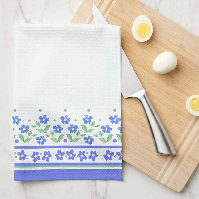 Linge De Cuisine Bordure florale Vert Bleu pour personnaliser (Quart Plié)