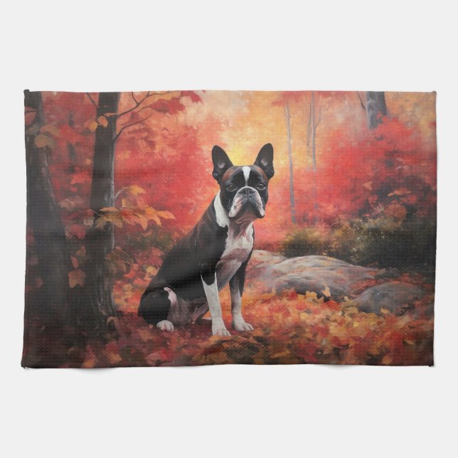 Linge De Cuisine Boston Terrier à l'automne Leaves automne Inspire (Horizontal)