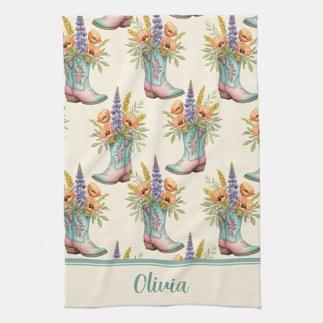 Linge De Cuisine Bot de cowboy floral occidental sarcelle et rose (Vertical)