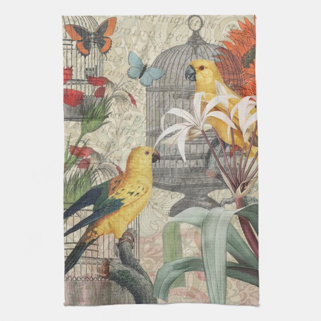 Linge De Cuisine Botanique Vintage Oiseaux Nature Tropical Antique  (Vertical)