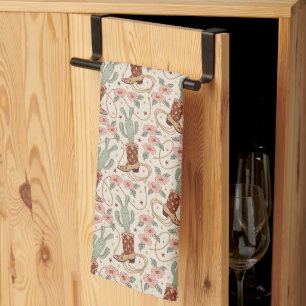 Linge De Cuisine Botte de cowboy rétro boho western cactus et flora