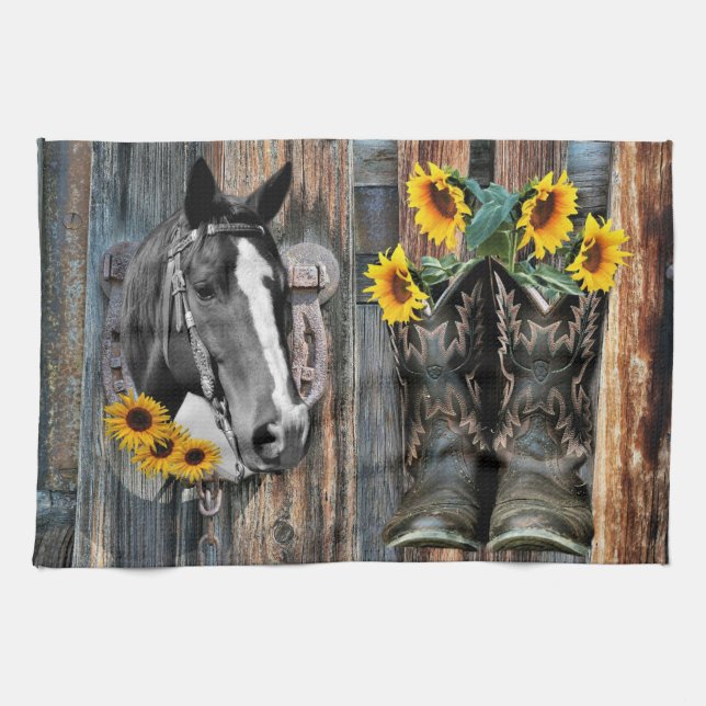 Linge De Cuisine Bottes de cowboy Rustique Western Horse Tournesols (Horizontal)