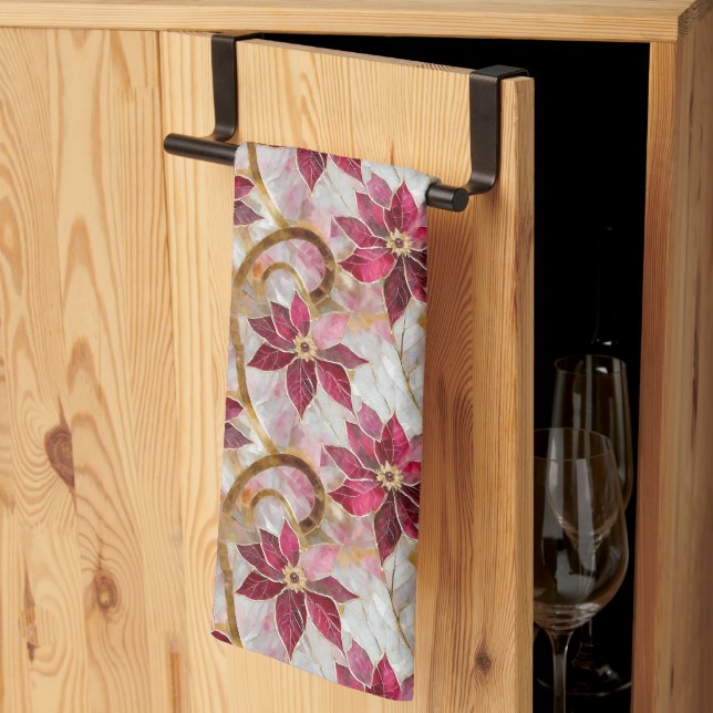 Linge De Cuisine Boucles d'or Bourgogne rose Poinsettias de Noël (Pliage en tiers)