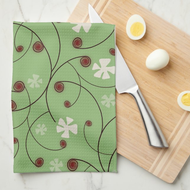 Linge De Cuisine Boucles et fleurs abstraites. (Quart Plié)