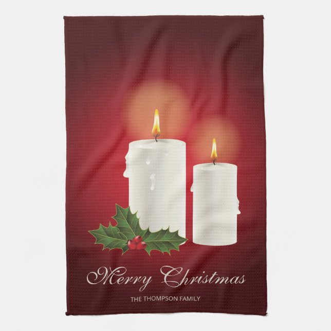 Linge De Cuisine Bougies de Noël blanches sur fond rouge avec texte (Vertical)
