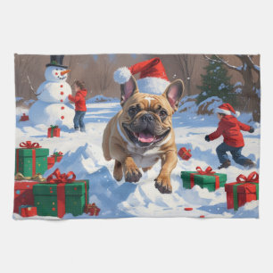 Linge De Cuisine Bouledogue français courant dans la neige avec un