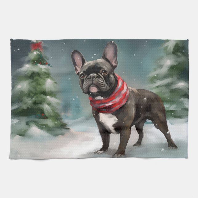 Linge De Cuisine Bouledogue français dans la neige de Noël (Horizontal)