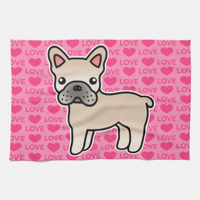 Linge De Cuisine Bouledogue français de dessin animé crème (Horizontal)