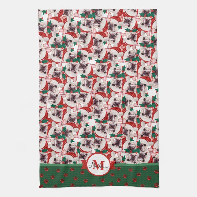 Linge De Cuisine Bouledogue français Frenchie Monogram Noël Chien (Vertical)
