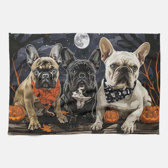 Linge De Cuisine Bouledogue français Halloween épouvantable (Horizontal)