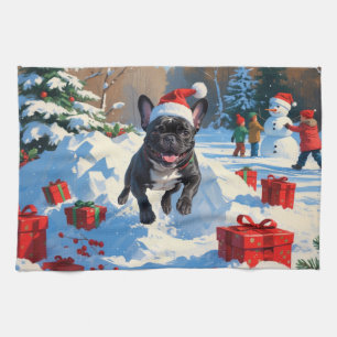 Linge De Cuisine Bouledogue français noir scène festive de Noël enn