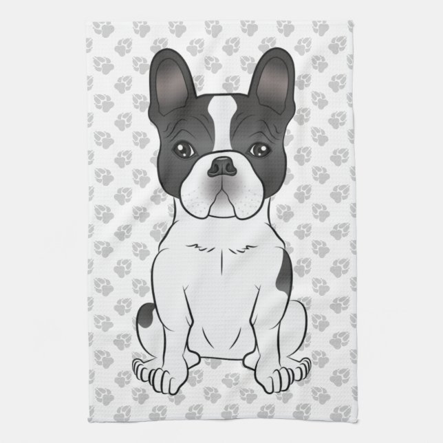 Linge De Cuisine Bouledogue français piebalde noir / Chien et patte (Vertical)