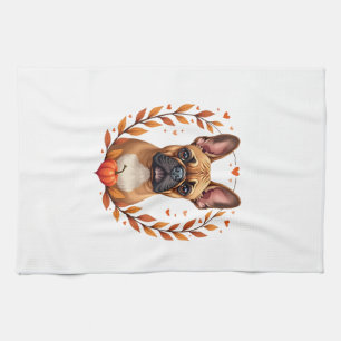 Linge De Cuisine Bouledogue français vintage avec couronne de feuil