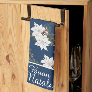 Linge De Cuisine Bouon Natale Italie Noël Floral sur bleu marine