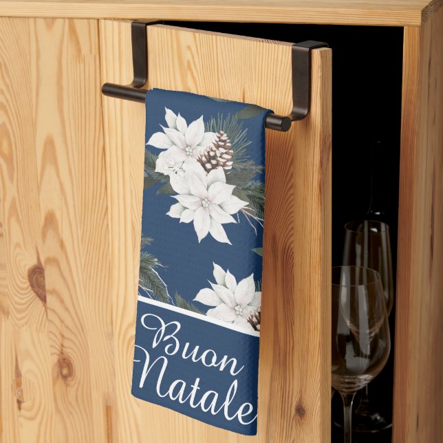Linge De Cuisine Bouon Natale Italie Noël Floral sur bleu marine (Pliage en tiers)