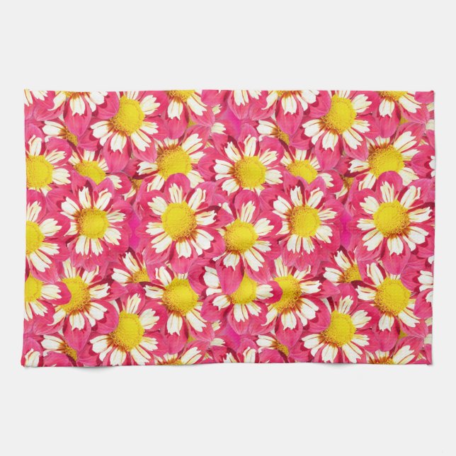 Linge De Cuisine Bouquet Dahlia - corail et blanc avec jaune (Horizontal)