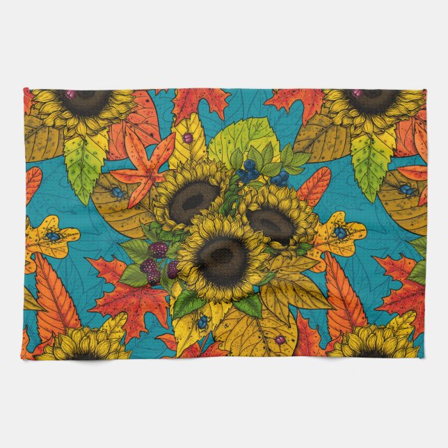 Linge De Cuisine Bouquet d'automne en bleu (Horizontal)