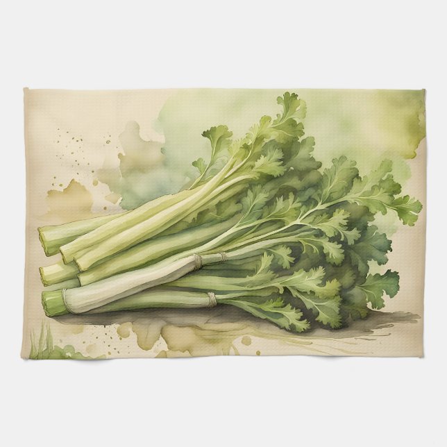Linge De Cuisine Bouquet de Céleri Frais Aquarelle (Horizontal)
