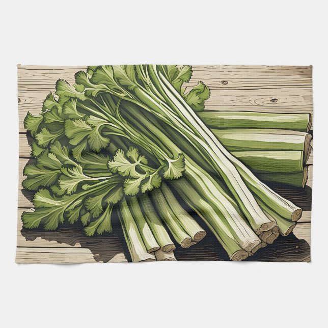 Linge De Cuisine Bouquet de céleri frais sur bois (Horizontal)