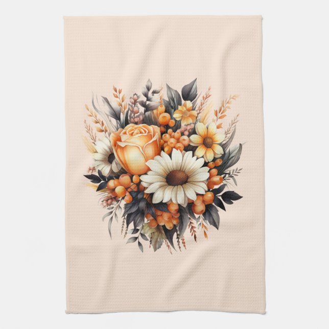 Linge De Cuisine Bouquet de fleurs gris-jaune orange (Vertical)