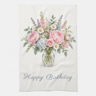 Linge De Cuisine Bouquet de fleurs pastel Joyeux Anniversaire
