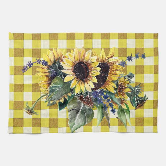 Linge De Cuisine Bouquet de tournesol sur En vichy jaune (Horizontal)