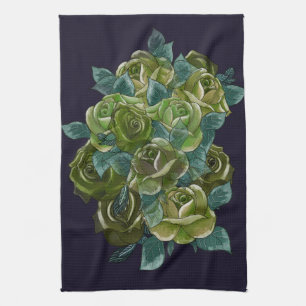 Linge De Cuisine Bouquet floral, roses verts sur bleu foncé